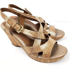 Sofft Cork Gold Metallic Reptile Strappy Leather Cork Wedges Comfort Sandals 10M